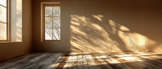 Sunlit empty room, wooden floor, window shadows
