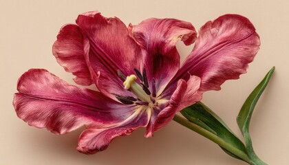 Naklejka premium Close-up of a dark pink tulip against a beige background