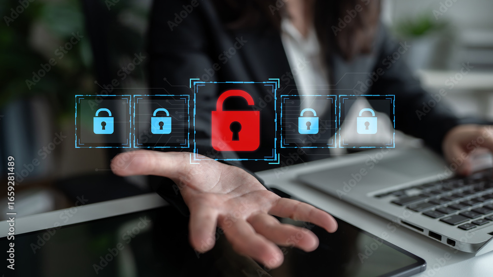 Poster digital security concept illustrating a cybersecurity breach, with a red unlocked padlock indicating