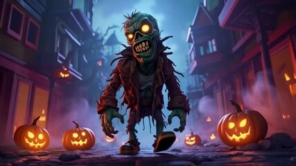 A halloween zombie in a spooky town surrounded by jack o lanterns with glowing eyes and scary teeth halloween zombie video