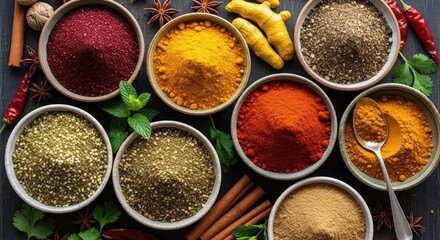 Vibrant Spices in Bowls with Fresh Herbs and Ginger on Dark Surface, Overhead Shot
