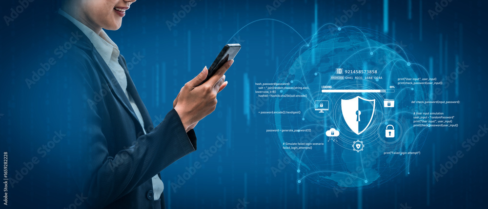 Poster cyber security protects against breaches, hacks, and network attacks using strong infrastructure and