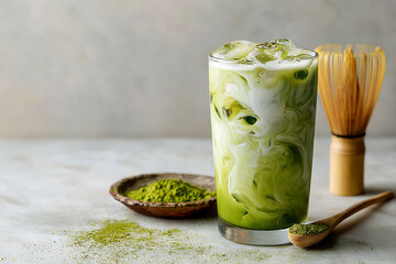Iced matcha latte ready to drink, offering a refreshing and vibrant beverage experience for wellness trends