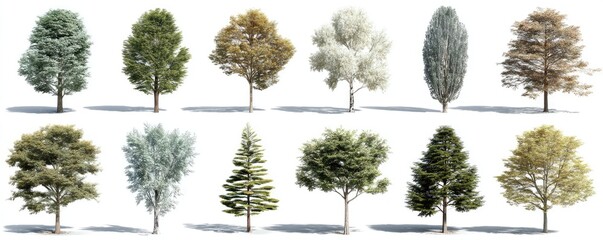 Twelve diverse trees on white