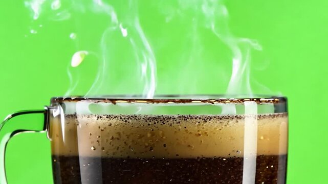 Steaming Coffee in a Glass Mug: An inviting photo showcasing a glass mug filled with rich, dark coffee, its fragrant steam gently rising against a vivid green backdrop.