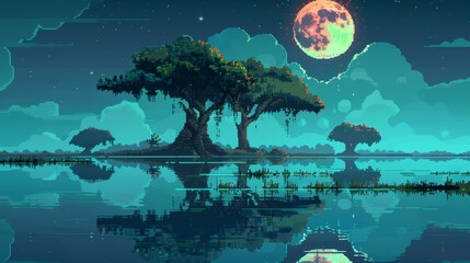 Enchanting pixel art forest illuminated by a stunning full moon on a serene night scene