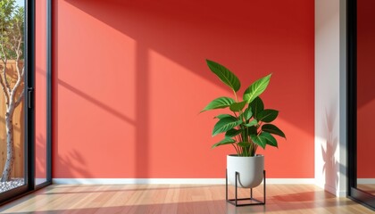 Modern interior space featu a vibrant red accent wall, a potted green plant with lush leaves, sunlight casting shadows through large , wooden floor