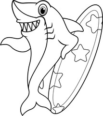 Cartoon smile shark holding surfing board line art