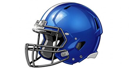 Fototapeta premium A vibrant blue football helmet, gleaming with a polished finish, sits angled, showcasing its protective facemask and white stripes.