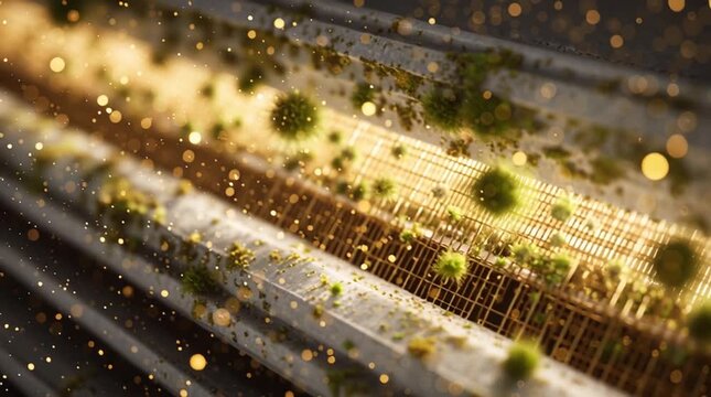 Ultra-realistic 3D video of internal filtration system of modern white air conditioner, close-up of mesh filter with trapped dust, pollen, and mold spores under warm sunlight, photorealistic cinematic
