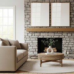 Obraz premium Two mockup poster frames above a rustic stone fireplace in a cozy Scandinavian-style living room with neutral tones and minimalist decor
