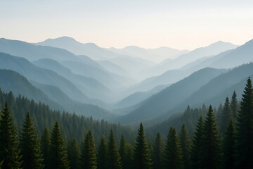 Fototapeta premium Misty Mountain Layers with Dense Pine Forest at Sunrise