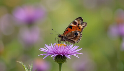 Obraz premium Peacock Butterfly Resting on Aster Flower in Bavaria, Germany