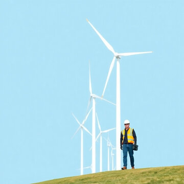 Homem caminhando no parque de energia e&oacute;lica. Energia verde, sustentabilidade.