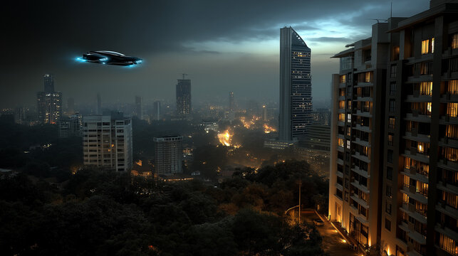 A futuristic flying car hovering over a modern cityscape at night.
