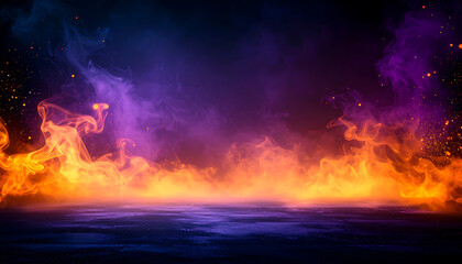 Naklejka premium Dramatic inferno with vibrant orange flames and mystical purple smoke rising from a dark, reflective surface, creating an energetic, intense abstract backdrop.