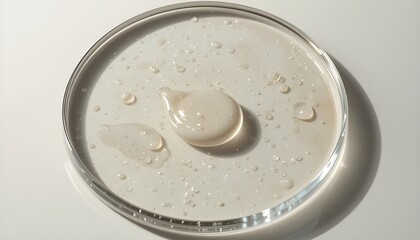 Luxurious skincare product texture in petri dish for beauty and science promotions, elegant serum drop