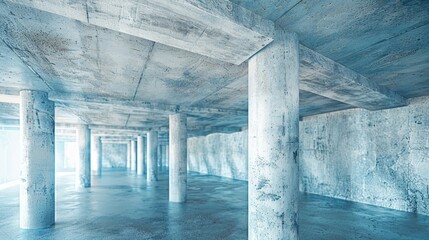 Detailed view of the underside of grey concrete structure beams and pillars in a framework
