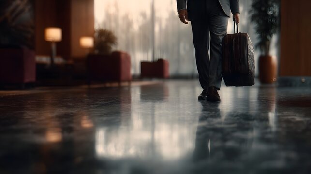 Business traveler pulling suitcase through a hotel lobby
