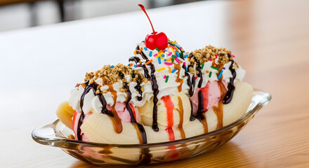 Banana Split Dessert with Triple Ice Cream Scoops and Colorful Toppings