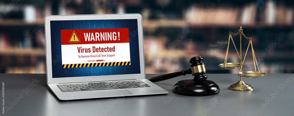 Aufkleber virus warning alert on computer screen detected brisk cyber threat , hacker, computer virus and malw