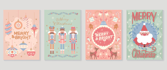 Christmas card collection in modern whimsical style. Vector set including Santa Claus, nutcrackers, holiday baubles, and reindeer for invitations or posters.