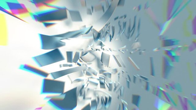 A theatrical style white mask that animates into fractured pieces on a looping animation.