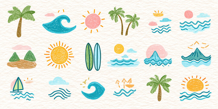 Hand-drawn doodle beach and surf icon vector set with tropical elements like palm trees, waves, surfboards, and sun.summer designs coastal design.vector set of  smmer tropical beach icon