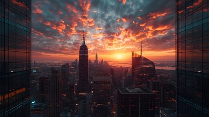 Stunning sunset over New York City skyscrapers casts a warm glow on the urban landscape