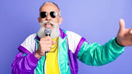 Retro grandpa singing into a mic on purple background