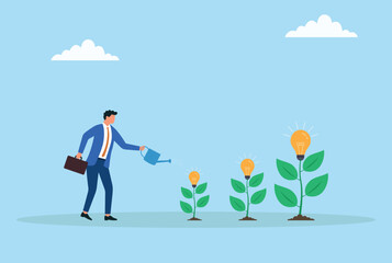 Vector illustration of a businessman watering plants growing into light bulbs, symbolizing nurturing ideas, innovation, business growth, and creative development
