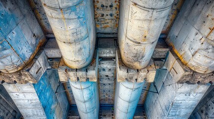 Underside view showcasing grey concrete beams and pillars in a robust structural framework design