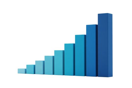 Upward trending 3D bar graph with a blue to cyan gradient symbolizing growth and success