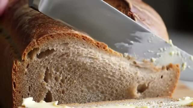 Sliced loaf of rustic bread with butter