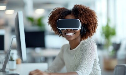 Happy Black woman using a virtual reality headset in her office. As an African American businesswoman, she is immersed in the creative process, showcasing innovation through, Generative AI