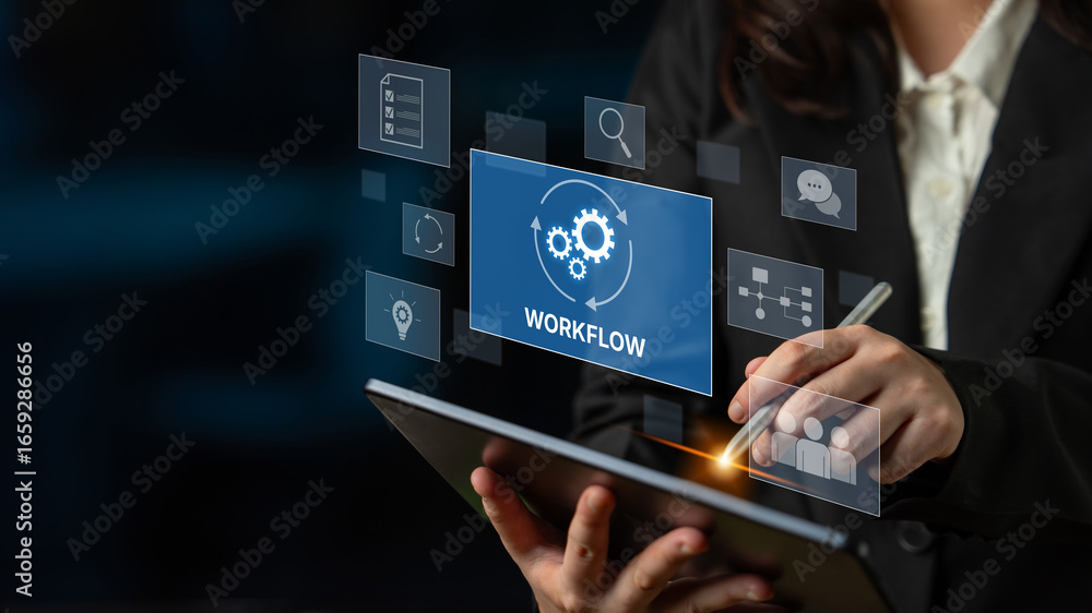 Poster workflow optimization concept featuring interconnected gears, task management, collaboration, proces