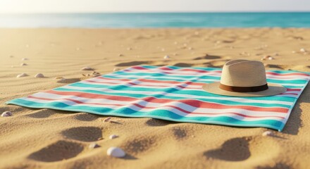 Striped Beach Towel with Straw Hat on Sandy Shore
