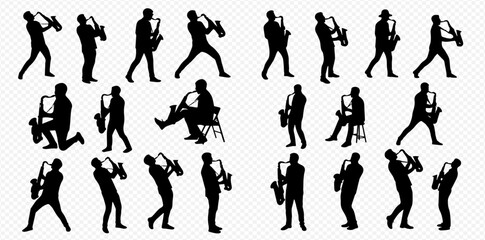 A collection of black silhouettes depicting male musicians passionately playing the saxophone in diverse standing, kneeling, and sitting positions.