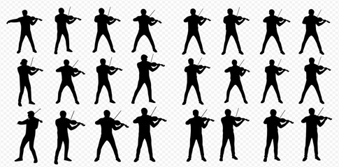 A collection of black silhouettes of a male violinist playing the violin in various poses.