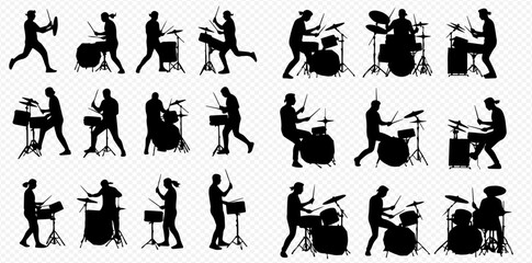 A collection of black silhouettes depicting male and female musicians actively playing acoustic and electronic drum sets.