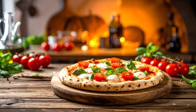 Delicious pizza on a rustic wooden table, with a warm oven background