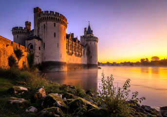 Majestic Ancient Gothic Stone Castle by the River at Golden Hour