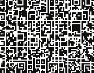 QR-code bg with bw squares and symbols. Seamless pattern of encoded message or binary code for scanning by computer or smartphone. Vector monochrome tech background