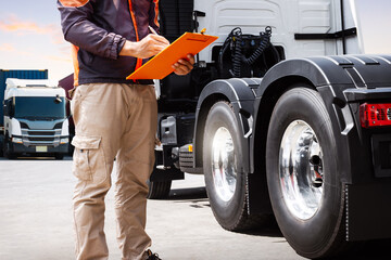 Truck Drivers Holding Clipboard to Check Truck Tires. Semi Trailer Truck, Big rig. Inspector...