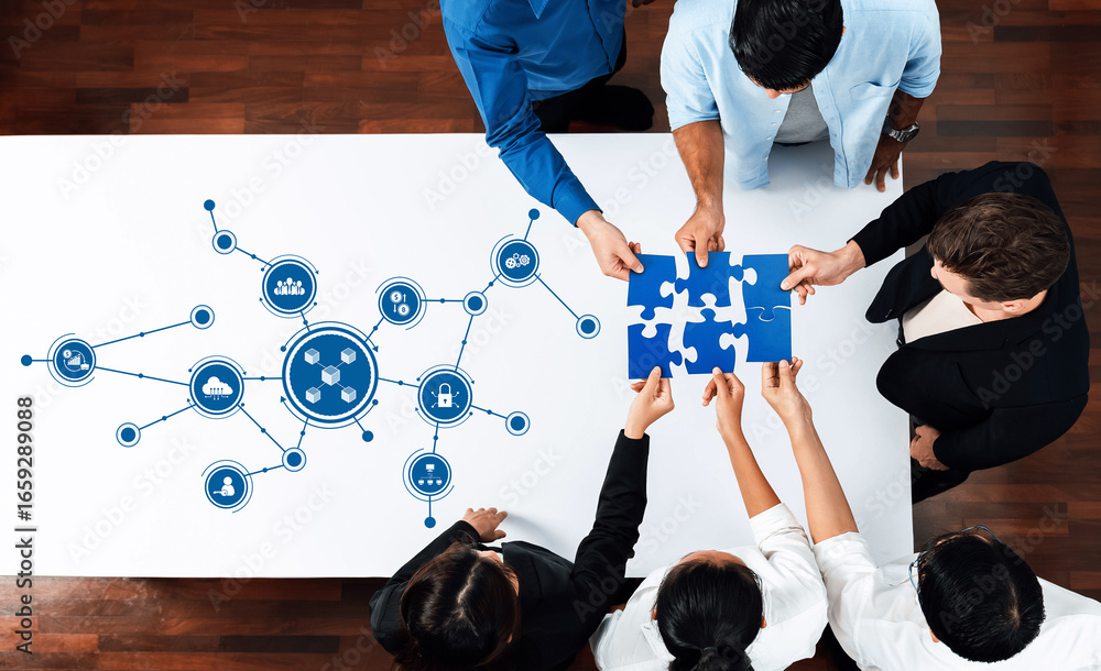 Poster a diverse group of individuals collaborates around a table, assembling a puzzle amidst visual networ