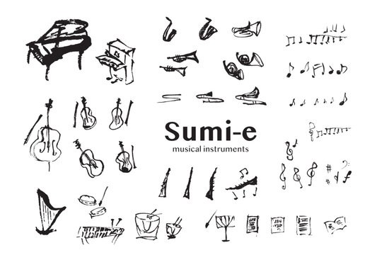 墨絵：楽器を緩い墨絵で手描きしたベクターイラスト　Sumi-e: A set of hand-drawn vector illustrations of musical instruments in loose sumi-e style.