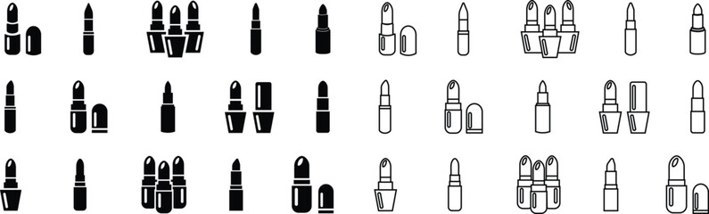 Obraz premium Lipstick Icon Set, Collection and Group Black Cosmetic Makeup Tube, Beauty Product Symbol, Fashion Accessory Vector in Flat and Line Style for Glamour, Elegance, Salon and Stylish Design