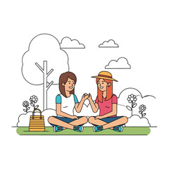 Two Young Women Sitting in a Park Under Sunlight Wearing Casual Clothes Enjoying Togetherness and Connecting in a Line Art Style