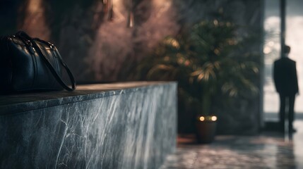 Hotel lobby at night with rainy atmosphere and a person checking in