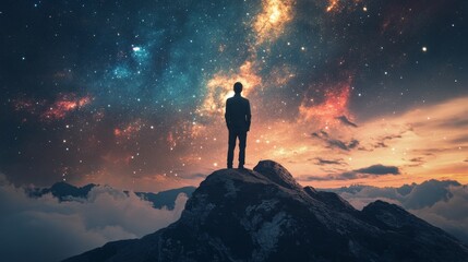 Fototapeta premium Silhouette of a man standing on a mountain peak, looking at the starry night sky. Concept of inspiration, dreams, and ambitions.
